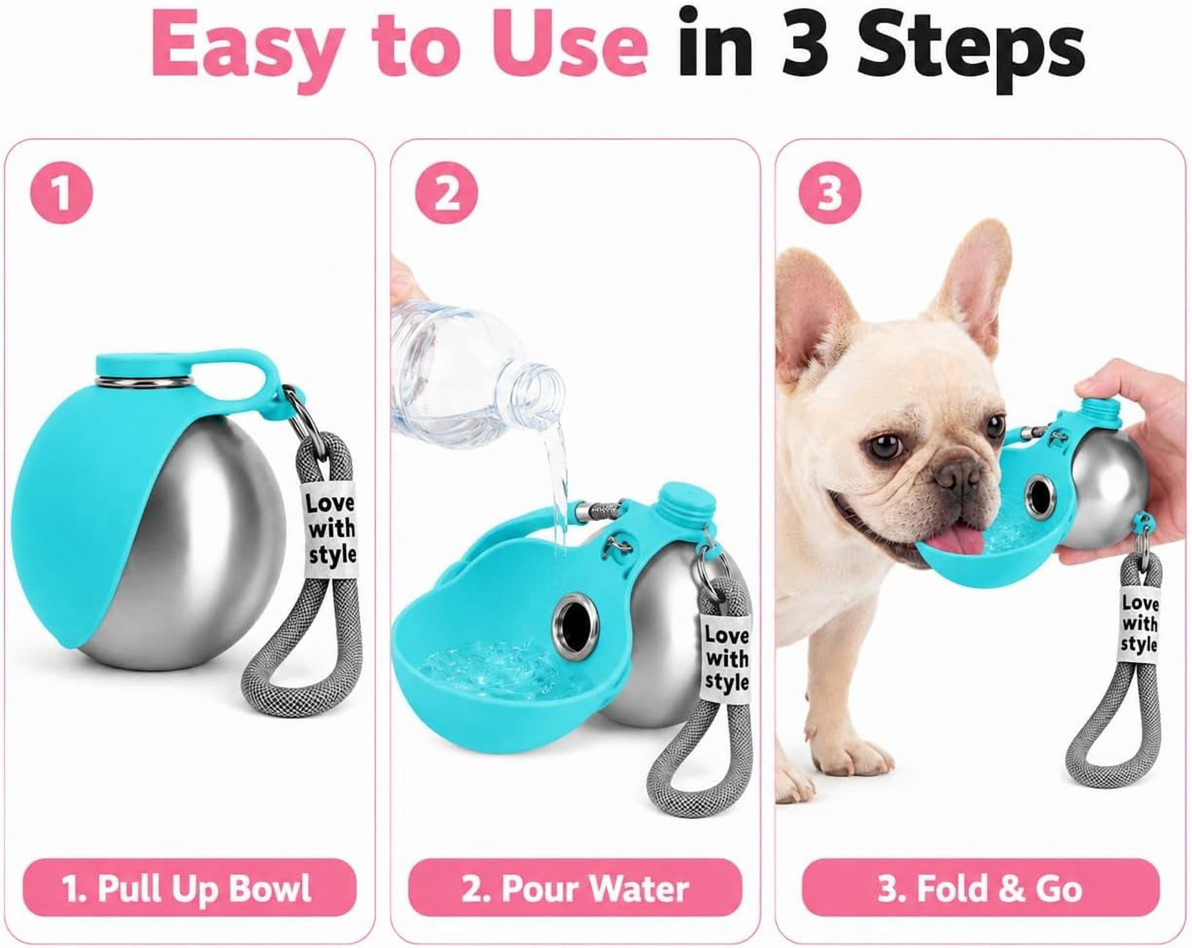 Pawsipus Dog Water Bottle, 10 oz Portable Pawsip Stainless Steel Travel Bottle with Foldable Silicone Bowl, Leak-Proof