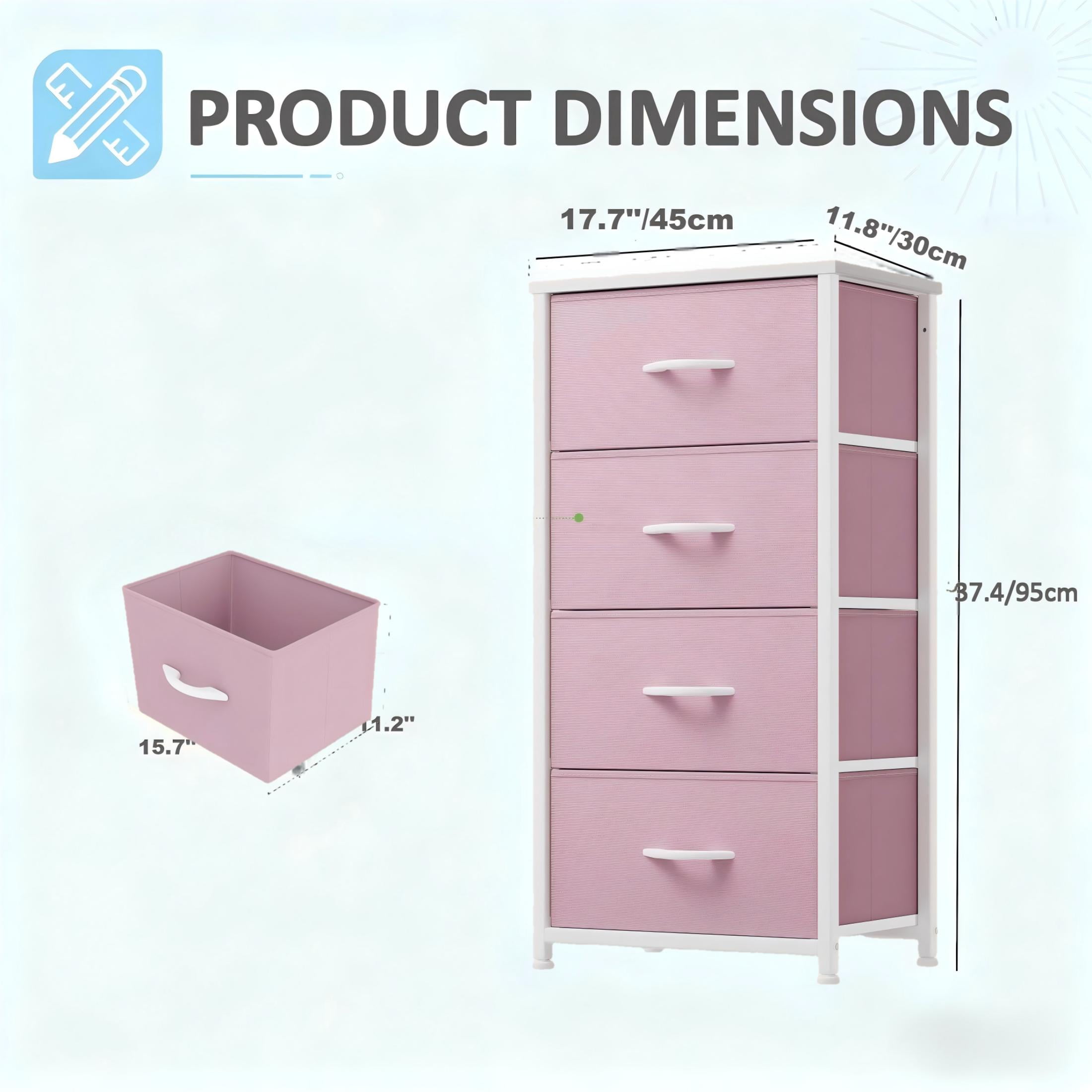 CONCETTA 4 Drawer Dresser, Wide Chest Drawers Nightstand Storage Tower Storage Fabric Dresser With Wood Top for Living Room, Bedroom, Closet, Pink