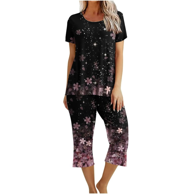 YYDGH Women s Sleepwear Capri Pajama Sets Short Sleeve Two Piece Pjs Crew Neck Lounge Sets Tops Capri Pants with Pockets Black Pink S Walmart
