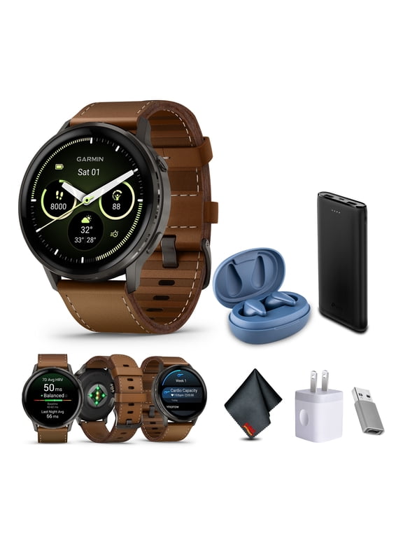 Venu 4 45mm GPS Fitness Smartwatch, Slate with Brown Leather Band