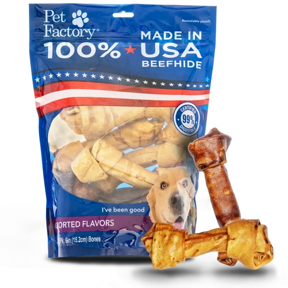 Pet Factory 100% Made in USA Beefhide 6-7" Knotted Bones Dog Chew Treats - Beef & Chicken Flavor, 8 Count