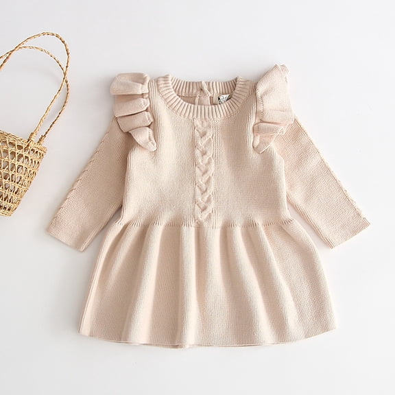 FAOWME Toddler Baby Kids Girls Sweater Dress Long Sleeve Round Neck Solid Color Warm Knit Comfortable Fashion Dresses For Daily Wear,Beige,2-3 Years