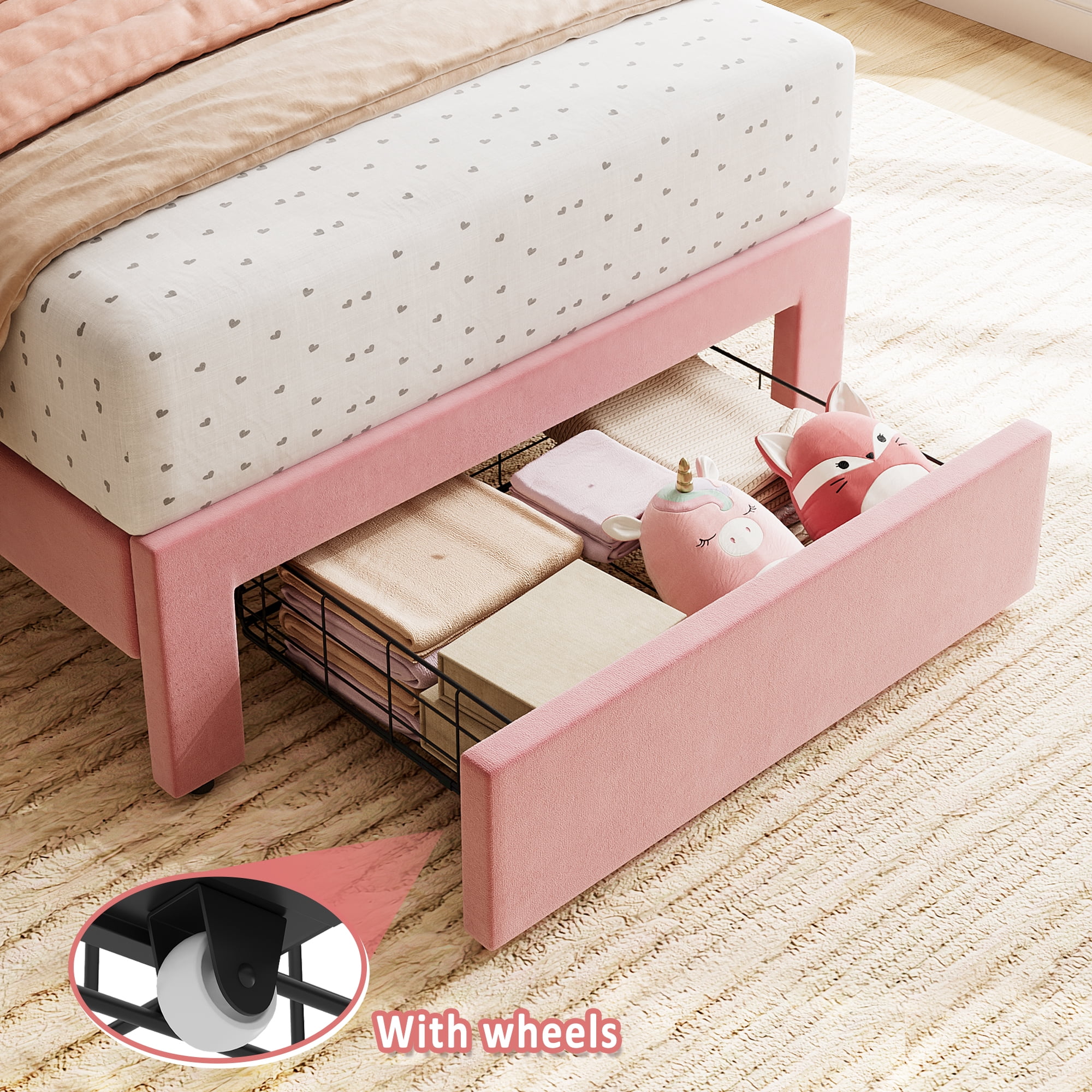 Towallmark 2025 New Twin Bed Frame with Under-Bed Drawer, Low Profile Upholstered Platform Bed with Wave Headboard, Wooden Slats Support, Flannel Pink
