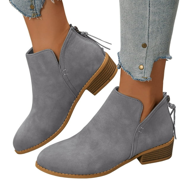 Bottes Courtes pour Femmes, Hiver Automne, Tendance, en Cuir Uni, Bout Pointu, Talon Bas, Fermeture Éclair, Bottines à la Cheville