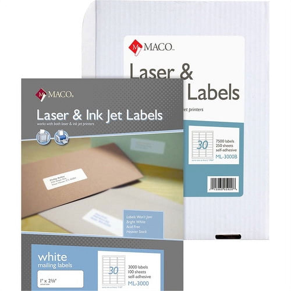 MACO White Laser/Ink Jet Address Label Permanent Adhesive - 1" x 2.62" Length - Rectangle - Laser, Inkjet - White - 30 / Sheet - 7500 / Box