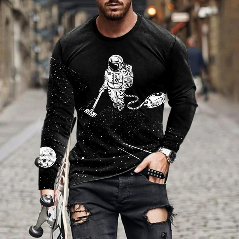 Lilgiuy Men Long Sleeve Printing Round Neck Pullover T Shirt