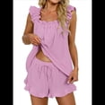 thumbnail image 2 of Conjunto de Pijama de 2 Piezas para Mujer con Volantes, Camiseta Sin Mangas y Pantalones Cortos Suaves, Pijama de Novia para Mujer. Púrpura S, 2 of 9