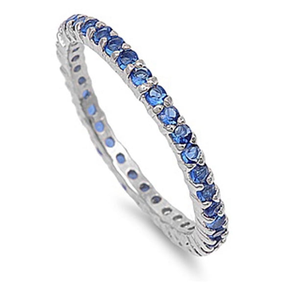 Women's Sterling Silver Blue Color CZ Eternity Band 2MM ( Size 4 to 10 )