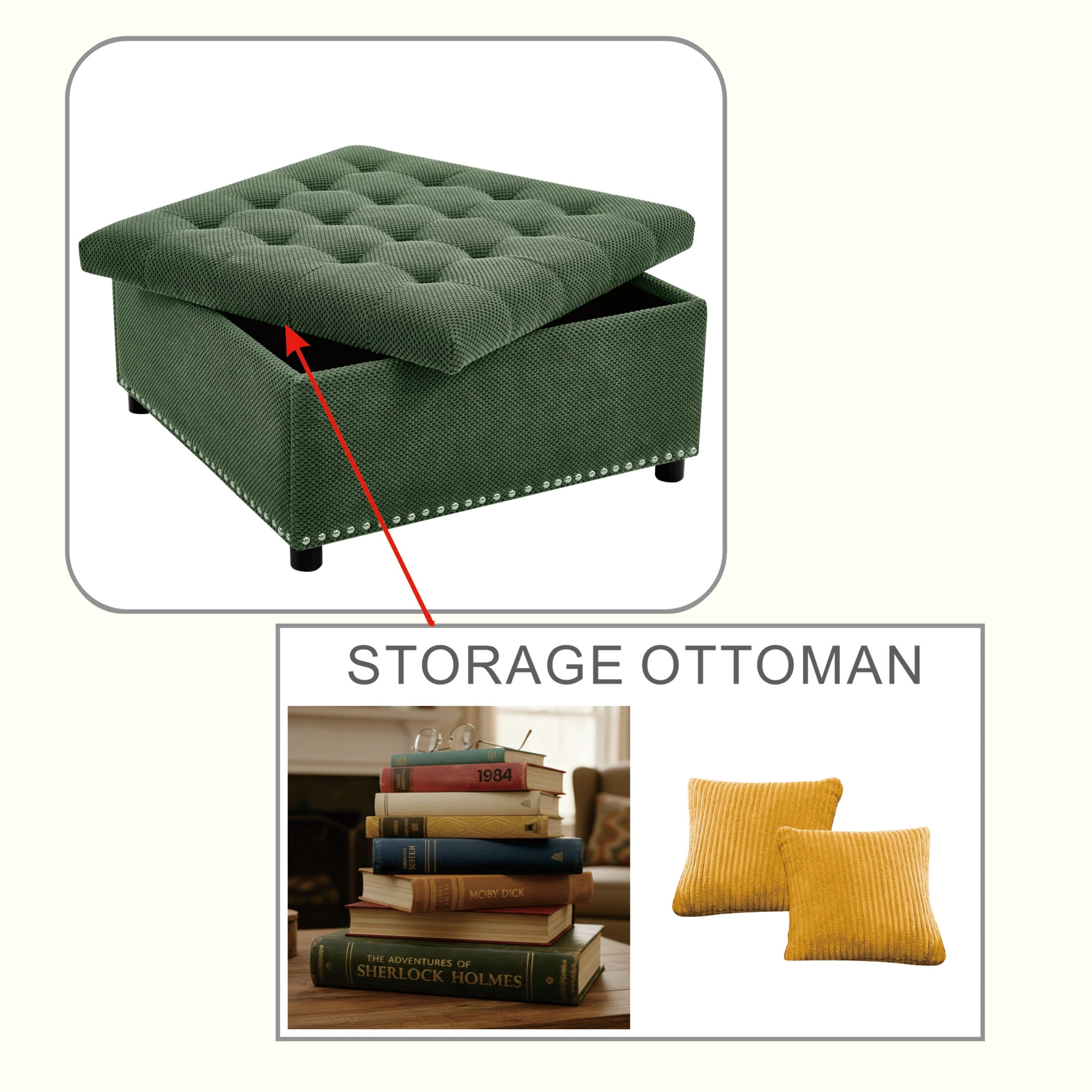Noble House 30" Square Storage Ottoman with Tufted Top, Nailhead Trim, Green