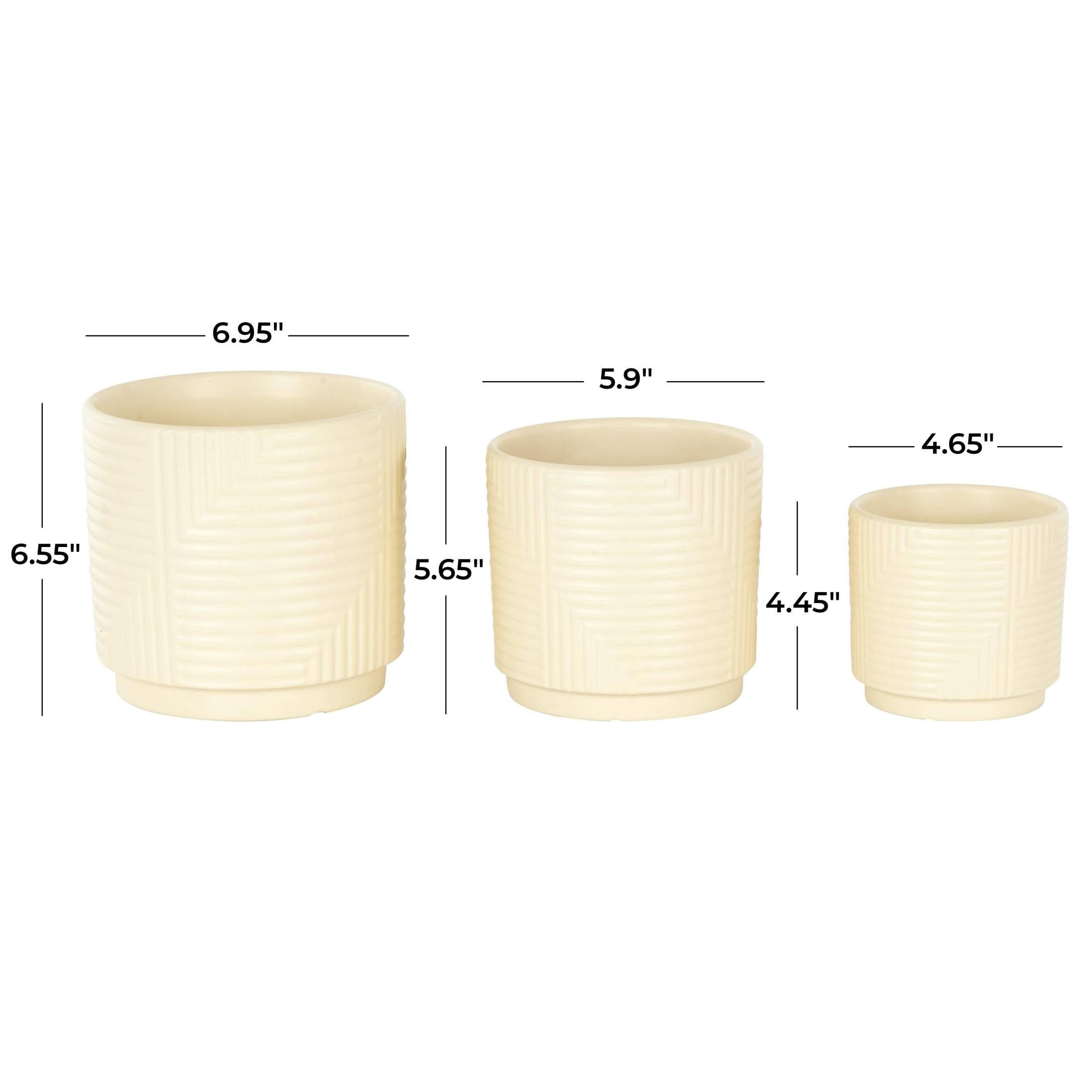 DecMode 7", 6", 5"W Cream Ceramic Geometric Planter with Layered Square Shaped Grooves (3 Count)