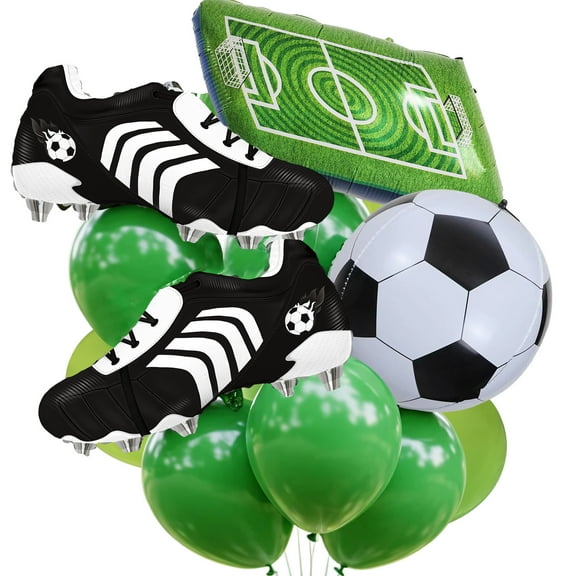 CYMYLAR Soccer Balloons Kit Football Party Decorations - Giant Soccer Ball Field Cleats Foil Balloons Green Latex for Boys Girls Birthday Sports Theme (14 Pieces)