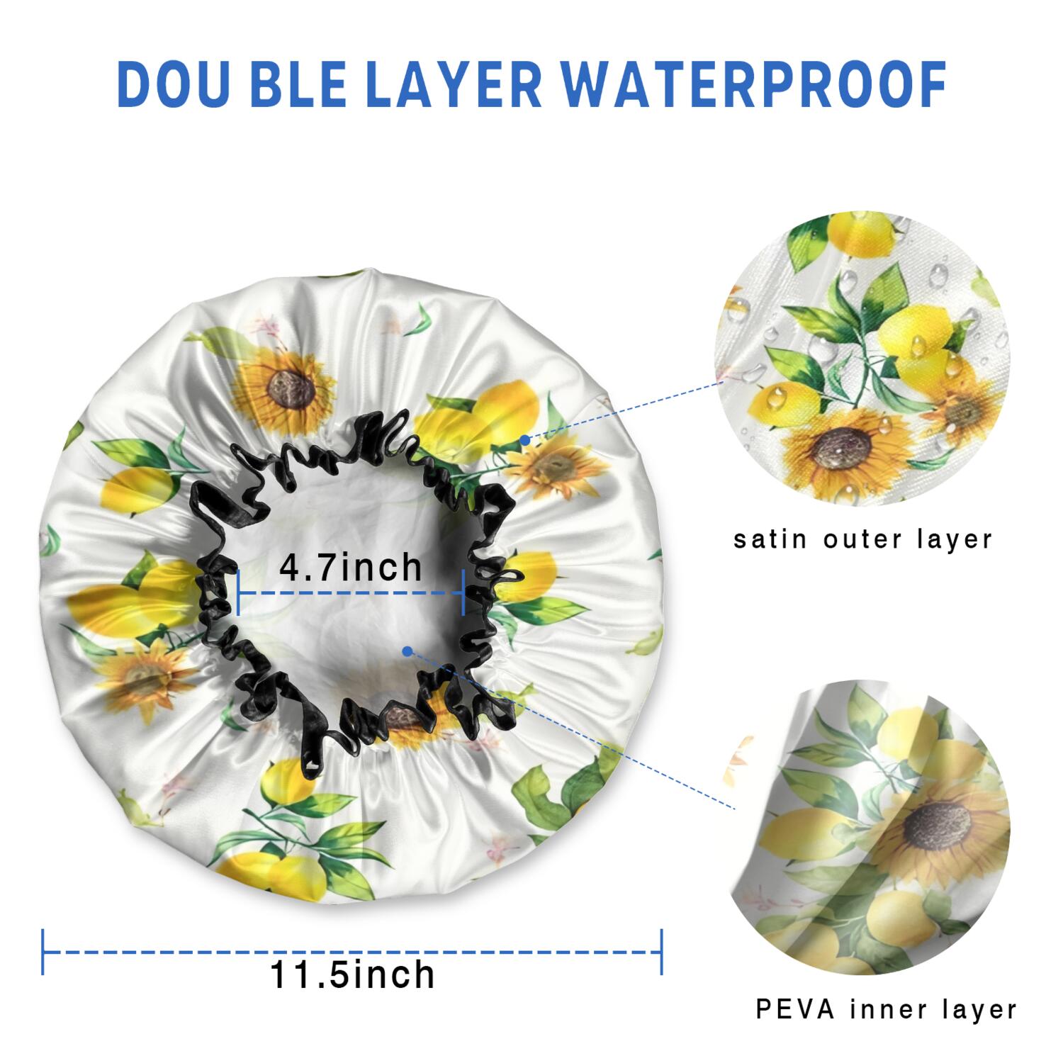 Shower Caps,Yellow Lemon Fruit Sunflowers White Pattern Waterproof Shower Cap for Women 4 Pieces,Double Reusable Hair Cover for Shower PEVA Elastic Stretch Hem