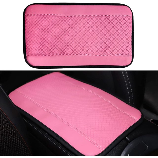 LAICAIW Four Seasons Universal Armrest Box Mat, Carbon Fiber Leather Embossing, Waterproof Armrest Cover Center Console Mat, Car Armrest Seat Cover (Pink)