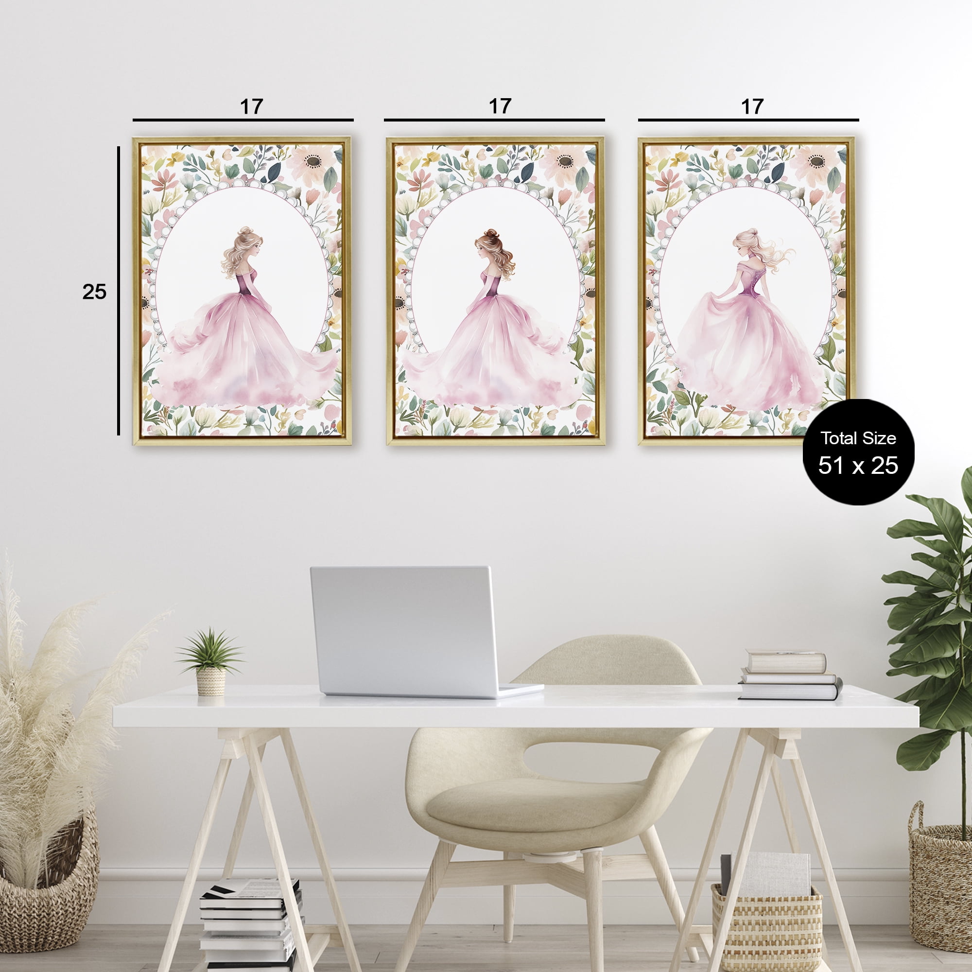 Stupell Industries Bordered Princess Love 3 Piece Gold Framed Floater Canvas Set, design by Christine Simpson Art