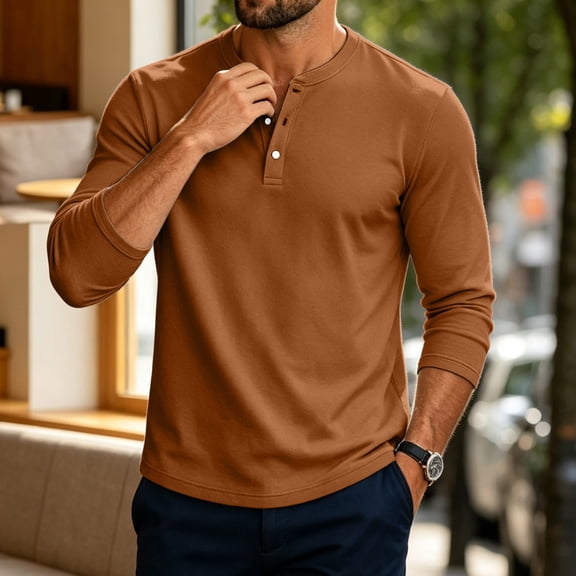 Men's Henley T-Shirts Long Sleeve Button Pullover Shirt Casual Basic Tees Fall Winter Trendy Shirt M
