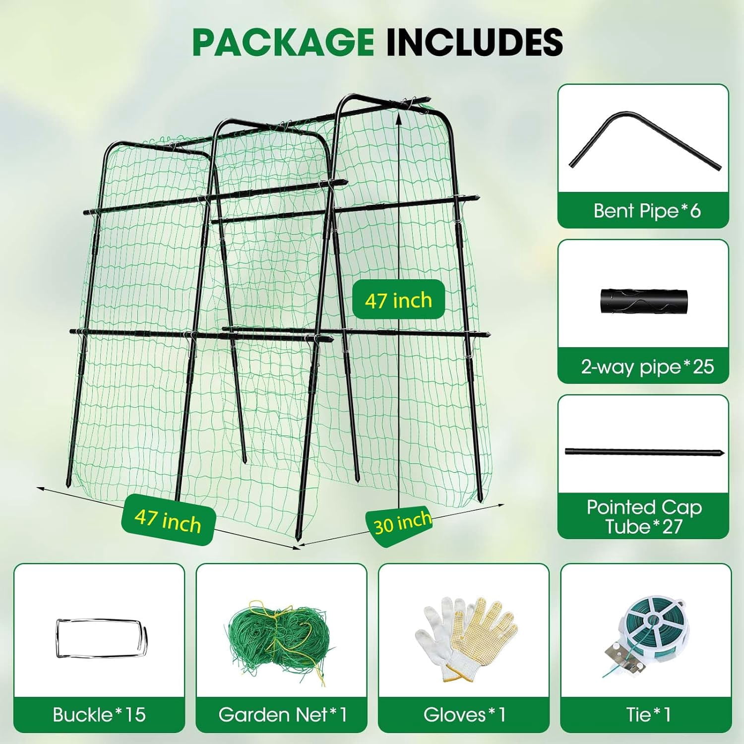 Cucumber Trellis for Raised Bed and Garden, 47" H x W U-Shaped Metal Garden Climbing Plants with Nylon Netting, Vegetable Support Frame