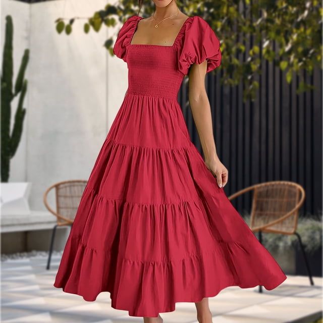 Vestimenta Casual Vestido Midi de Mujer Vestido Maxi de Manga Corta con Cuello Cuadrado para Cóctel (Rojo S) Cgtredaw para Mujer Rojo T S