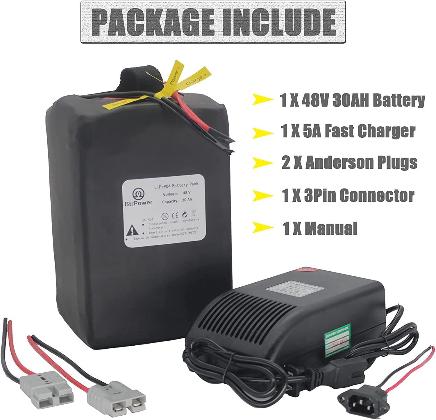 Ebike Battery 48V 30AH LiFePO4 Battery Pack with 5A Fast Charger,50A BMS for 500W 1000W  Motor Lithium Iron Phosphate Battery