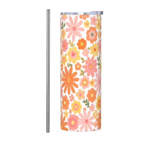 20oz Retro Floral Insulated Tumbler with Handle and Straw Cute Daisy Travel Coffee Cup Gift for Women with Stainless Steel Straw
