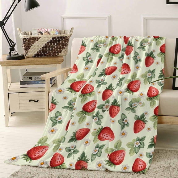 Throw Blanket Fleece Throw Blanket 40x50in, Summer Fruits Strawberries Soft Lightweight Bed Blankets Watercolor Flowers Fuzzy Couch Blankets for All Season