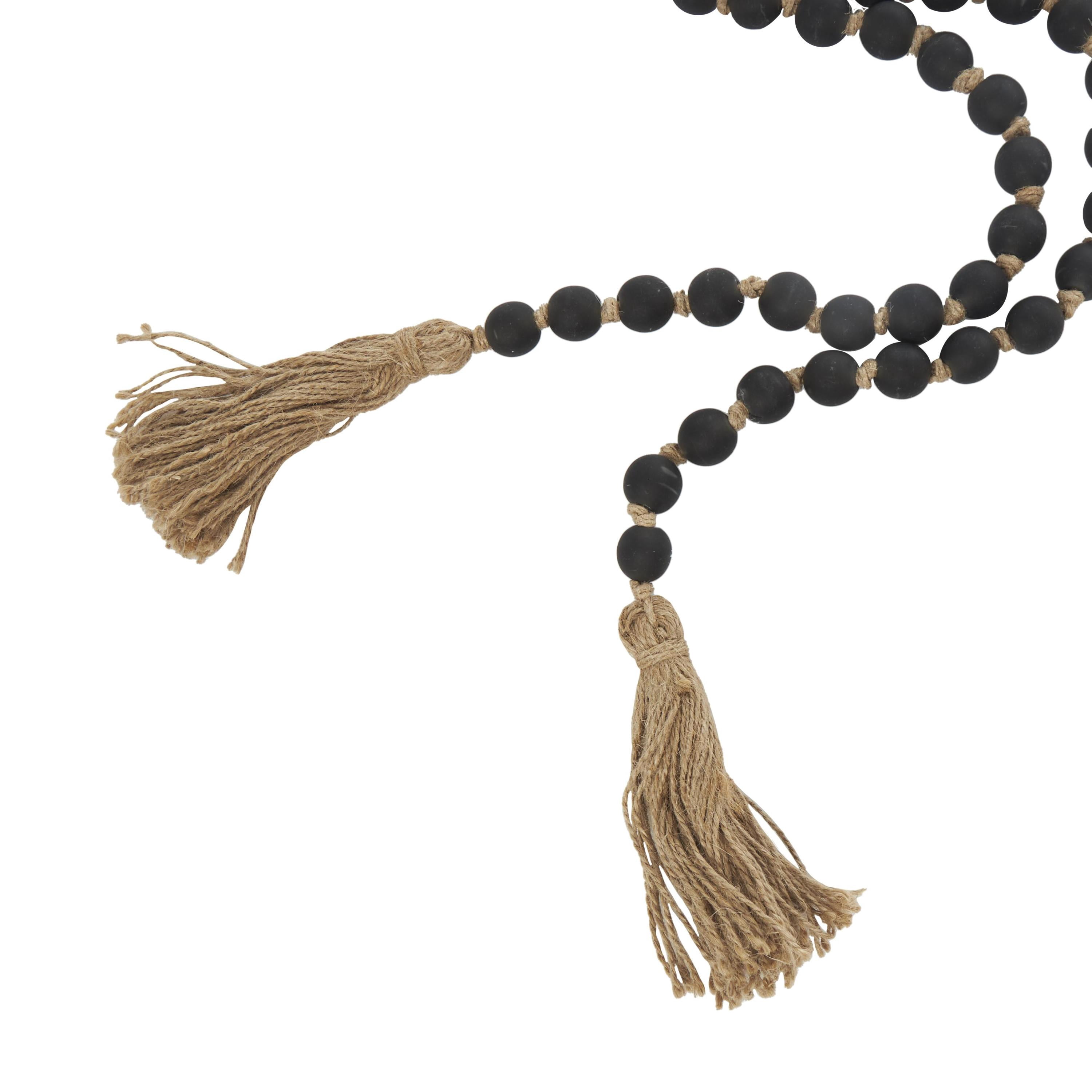 DecMode Handmade Round Long Frosted Black Glass Garland with Tassel with Knotted Brown Jute