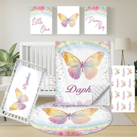 Personalized Baby Crib Bedding Set, 5 Piece Custom Name Baby Crib Bedding with Blanket, Fitted Sheet, Rug, Changing Pad Cover, Wall Art for Toddler Boys Girls, Gift, Rainbow Butterfly Theme