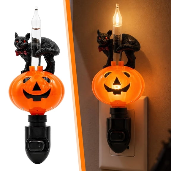 Halloween Black Cat Jack O Lantern Bubble Night Light, Plug In Retro Blow Mold Pumpkin Lamp, Vintage Halloween Wall Nightlight for Indoor Fall Holiday Home Decor