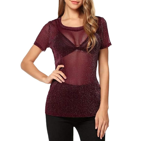 Long Sleeve Shirts For Women Solid See Through Arm Shaper Top Mesh Shirt Blouse Crew Neck Womens Tops