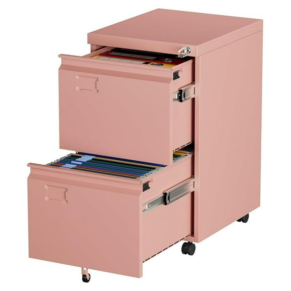 2 Drawer File Cabinet with Wheels, Lockable Metal Filing Cabinet with Business Card Slot for Legal/Letter Size for Home Office, Required Assembled,Pink
