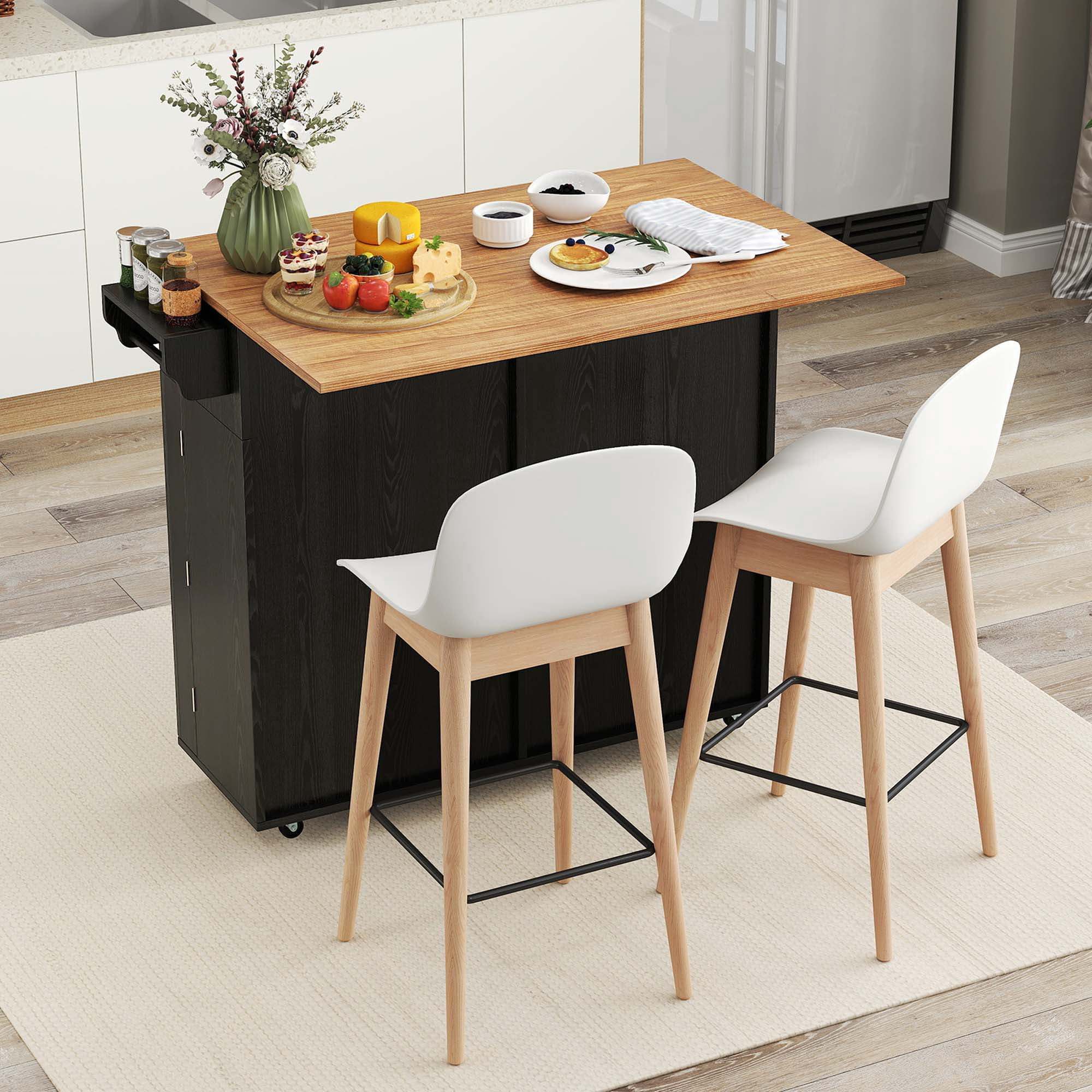 Costway Rolling Kitchen Island Kitchen Island Cart with Drop Leaf Trash Can Cabinet Black