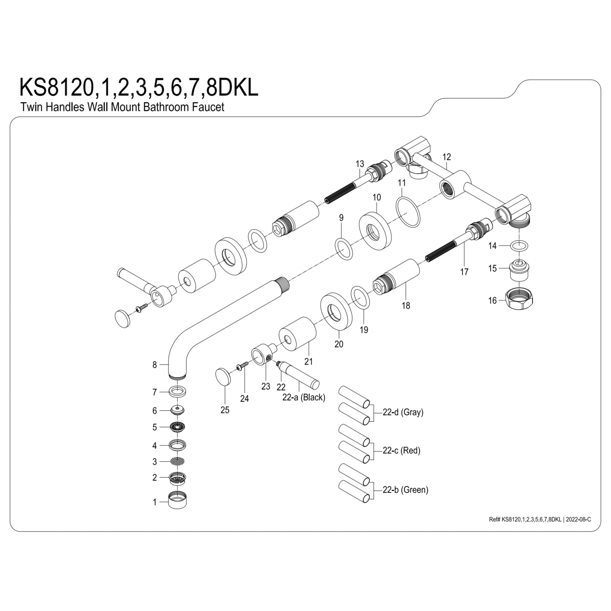 Kingston Brass KS8120DKL Kaiser Double-Handle 3-Hole Wall Mount Bathroom Faucet in Matte Black