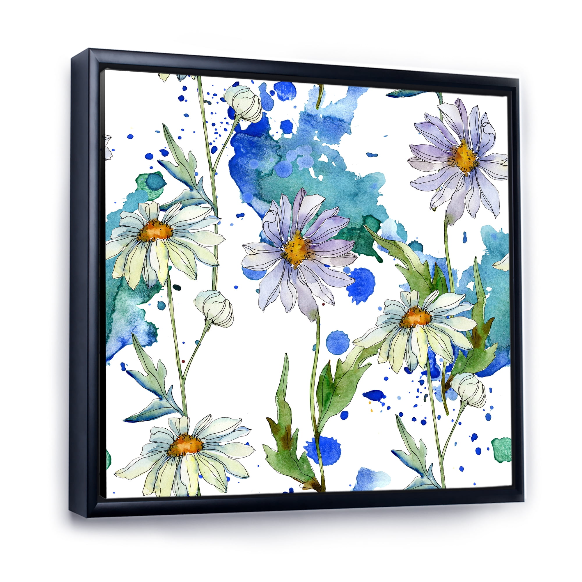 Daisies With Green Leaves and Background 16 in x 16 in Framed Painting Canvas Art Print, by Designart