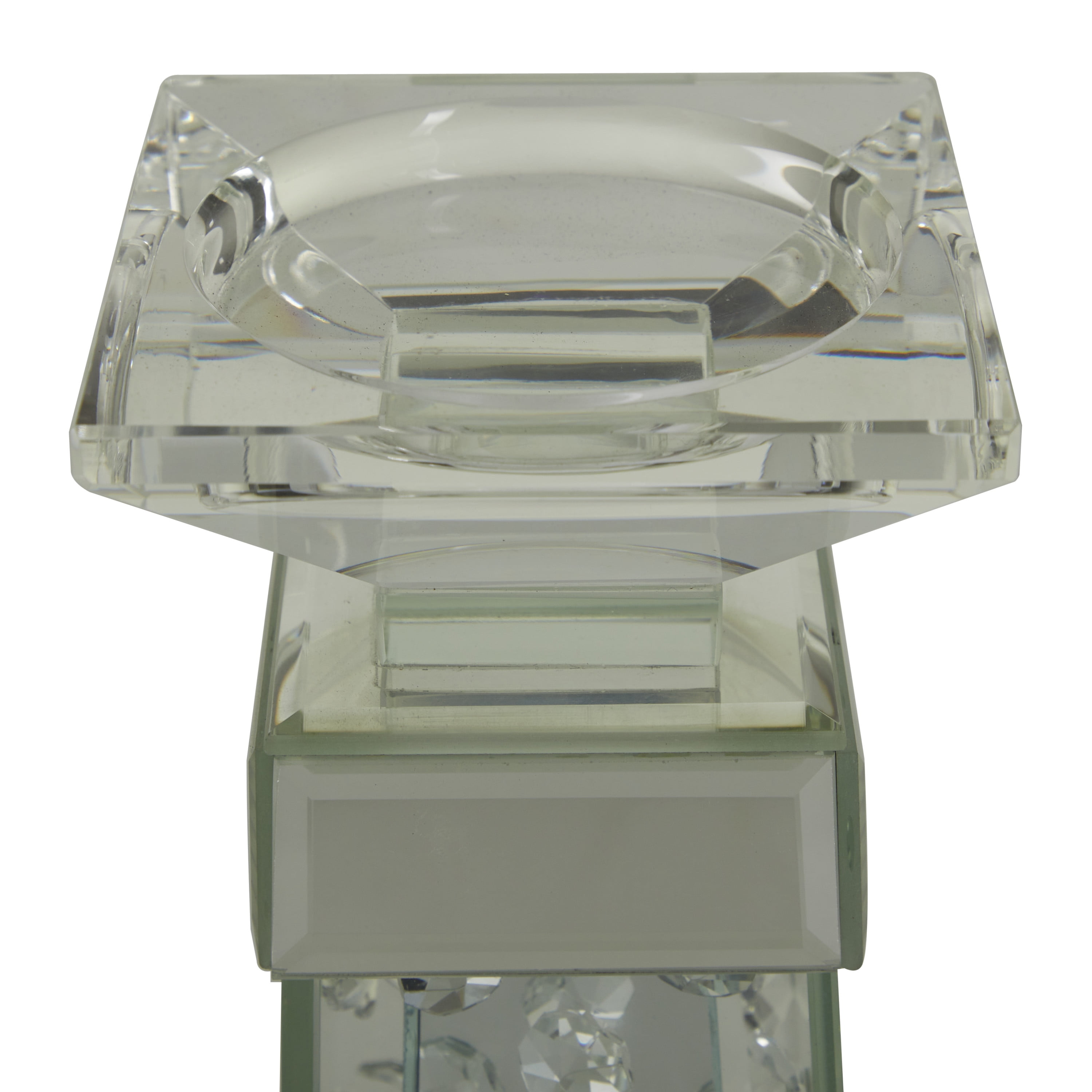DecMode Silver Glass Pillar Candle Holder with Mirrored Accents and Crystals
