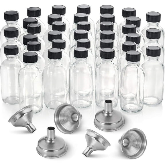 Gleam A36 Pack,2 oz Small Clear Glass Bottles w/ Lid & 6 Stainless Steel Funnel -60ml Boston Sample Bottles-Mini Travel Essential or Decorative Bottles for Potion,Juice,Wellness,Ginger Shots,Whiskey
