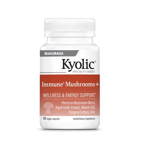 Kyolic Immune Mushrooms+ - Mushroom & Herbal Dietary Supplement - Wellness & Energy Support* - Chaga, Cordyceps, Turkey Tail & Aged Garlic Extract - 60 Capsules