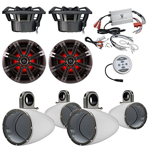 Marine Speaker Package With Amp 4x Kicker 41KM84LCW 8" Coaxial Boat