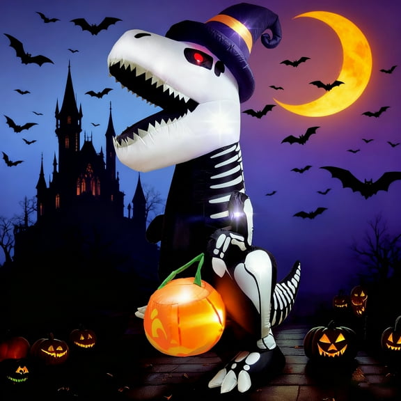 Joyfy 8 FT Halloween Inflatable Skeleton Dinosaur with Build-in LEDs Pumpkin Decorations,Halloween Outdoor Decorations Blow up Yard Decorations