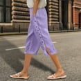 thumbnail image 2 of vigerkar Linen Capris for Women 2025 Spring Summer Elastic Pants with Pockets Side Button Casual Cropped Pants Purple, M, 2 of 5