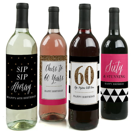 Chic 60th Birthday - Party Decorations for Women and Men - Wine Bottle Label Stickers - Set of