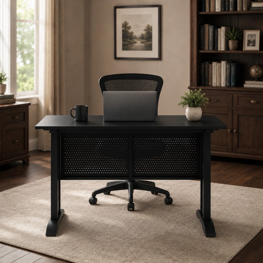 47" Computer Desk, 47.2 x 23.6" Office Desk, Modern Writing & Gaming Desk for Home Office and Study, Black Desktop with Black Metal Frame