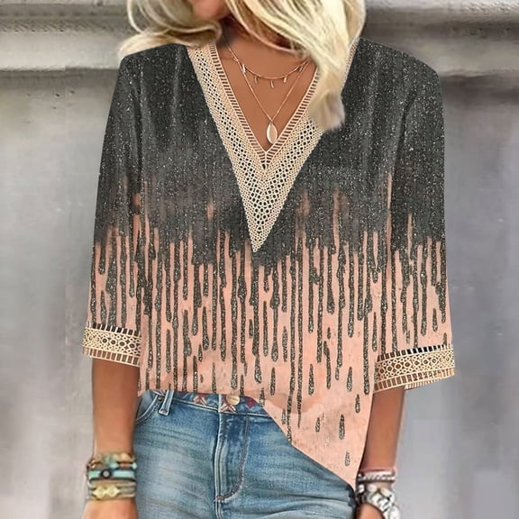 ICHUANYI Womens Fashion Printed 3/4 Length Sleeve Blouses V Neck Shirts Dressy Flowy Loose Tunic Tops