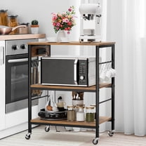 Kitchen Bakers Rack with Power Outlet, Utility Station Table Cart on Lockable Wheels 10 S-Shaped Hooks 3 Tier Coffee Microwave Stand Storage Shelf for Living Room Dining Room