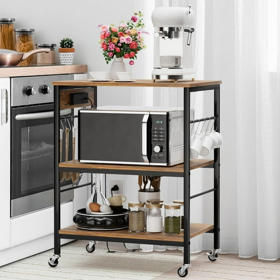 Kitchen Bakers Rack with Power Outlet, Utility Station Table Cart on Lockable Wheels 10 S-Shaped Hooks 3 Tier Coffee Microwave Stand Storage Shelf for Living Room Dining Room