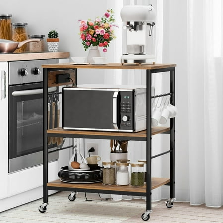 Kitchen Bakers Rack with Power Outlet Utility Station Table Cart on Lockable Wheels 10 S-Shaped Hooks 3 Tier Coffee Microwave Stand Storage Shelf for Living Room Dining Room