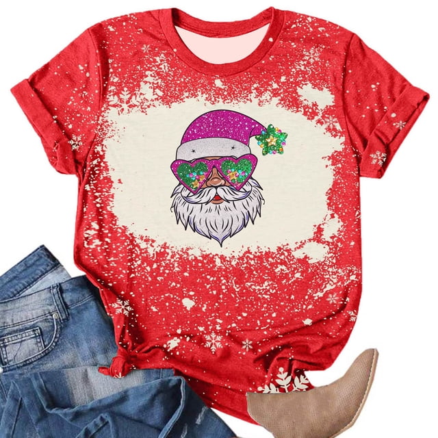 Puntoco Camiseta de manga corta con cuello redondo y estampado navideño a la moda para mujer