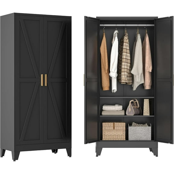 Metal Wardrobe Closet with Doors and Shelves, 71" Farmhouse Bedroom Armoire with Hanger Rod and Clothing Shelf, White Steel Wardrobe Cabinet Storage Clothes Closet