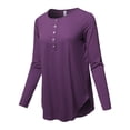 thumbnail image 2 of A2Y Women's Premium Solid Long Sleeve Dolphin Hem Shell Button Henley Top Shirt Dark Purple 1XL, 2 of 6