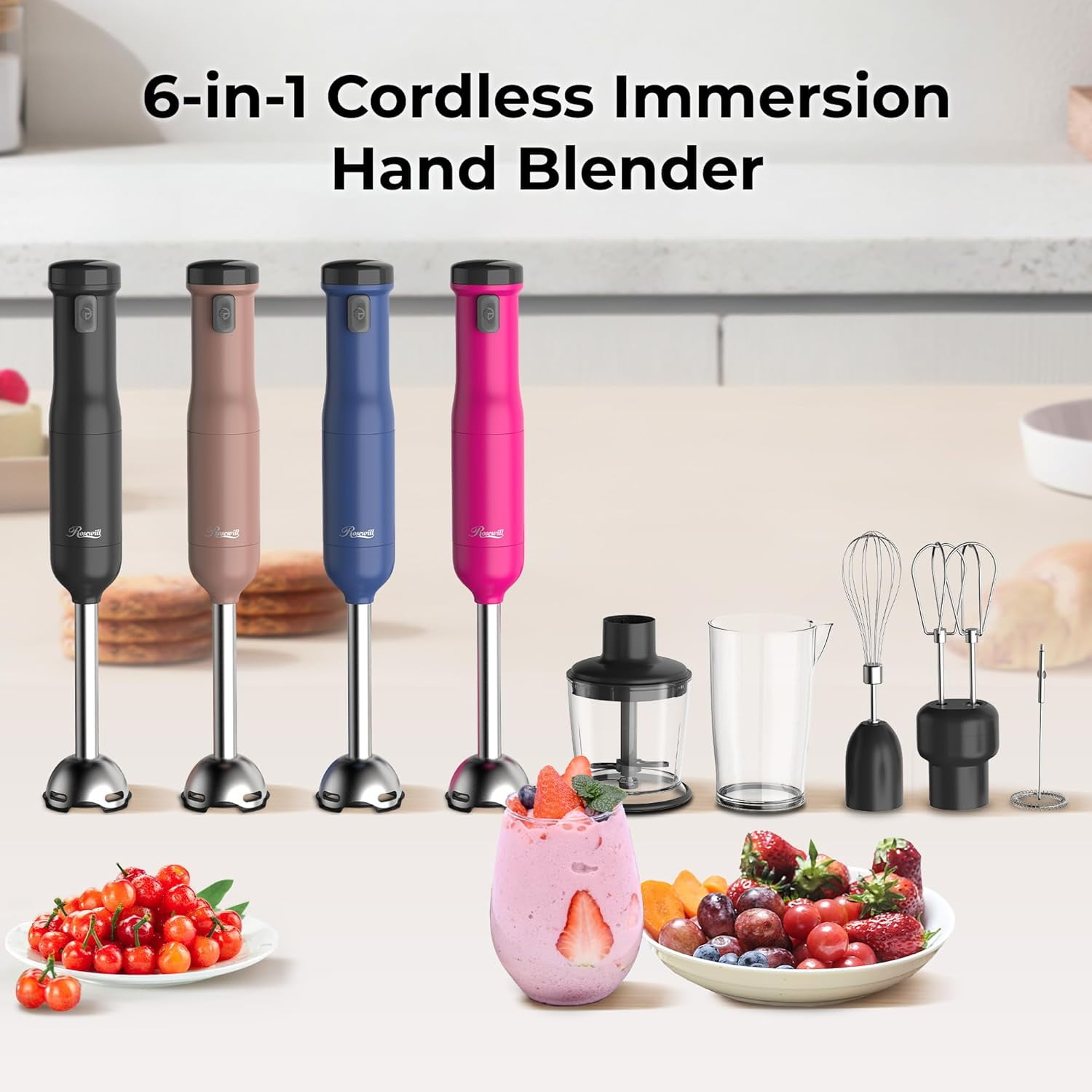 Rosewill 6-in-1 Multi-Speed Cordless Rechargeable Immersion Hand Blender,  Heavy Duty Motor - Stick Blender, Beaker, Whisk, Chopper, Dual Beater, Milk Frother - For Smoothies, Baby Food, Soup - Black