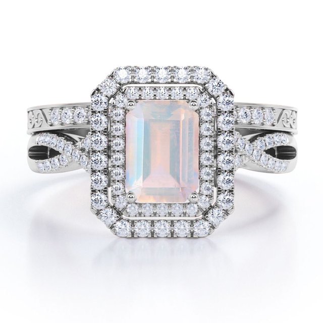 JeenMata Anillo de Bodas de Filigrana Art Déco con Halo de Infinito y Moissanita con Piedra Lunar Real de Corte Esmeralda de 1,5 Quilates - Chapado en Oro Blanco de 18 K sobre Plata