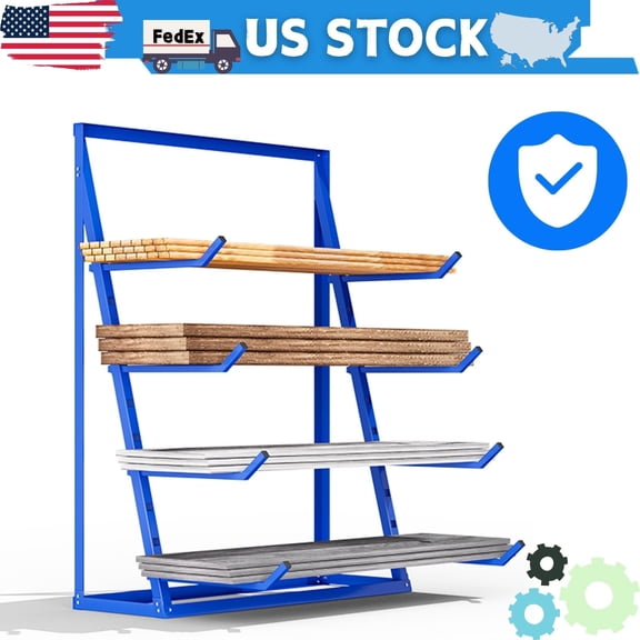 4-Tier Heavy Duty Lumber Storage Rack, 2400LBS Capacity Adjustable Rustproof Alloy Steel Pipe Organizer, Freestanding Blue Shelf for Construction Materials Storage